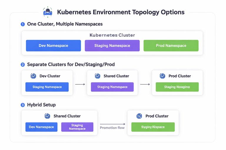 Illustration of Kubernetes environment topology options in a clean diagram: one cluster with multiple namespaces, separate clusters for dev/staging/prod, and a hybrid setup. Include simple labeled boxes, arrows for promotion flow, and minimal text. Flat modern style, high contrast, white background.