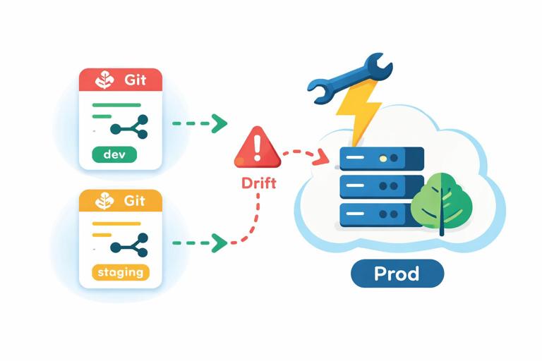 A conceptual illustration of configuration drift: two Git branches or desired-state documents on the left (dev/staging) and a production cluster on the right with a manual hotfix lightning bolt causing divergence. Include arrows and a warning icon, clean flat vector style, minimal text labels like Git, Prod, Drift.