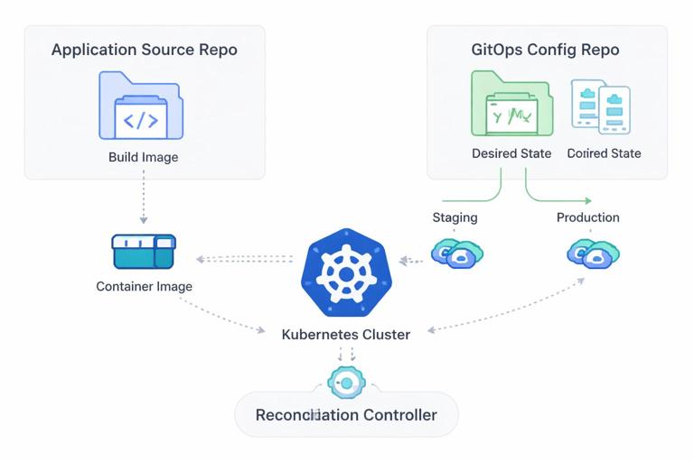 Illustration of a GitOps workflow showing two repositories: an application source repo producing a container image, and a separate GitOps configuration repo defining desired Kubernetes state for staging and production, with arrows to a Kubernetes cluster and a reconciliation controller. Clean modern flat style, readable labels, no logos.