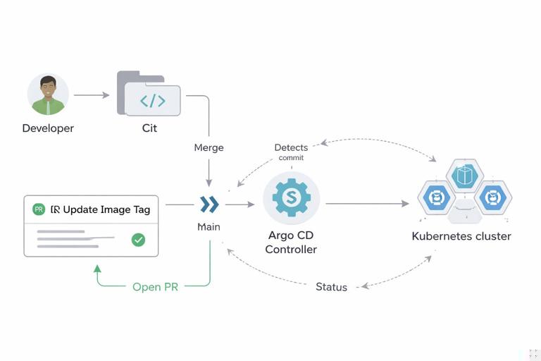 Diagram of Argo CD GitOps promotion flow: developer opens PR updating an image tag in Git, merge to main, Argo CD controller detects commit and reconciles Kubernetes cluster to deploy new version. Show PR, merge, controller, cluster, and status feedback loop. Minimal, professional, no brand logos.