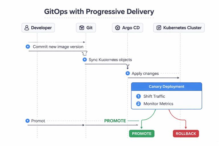 Sequence diagram showing GitOps with progressive delivery: Git commit changes image version, Argo CD syncs Kubernetes objects, Argo Rollouts performs canary steps with traffic shifting and Prometheus analysis, then either promotes to stable or aborts and rolls back. Clean schematic style, no brand logos, high contrast.