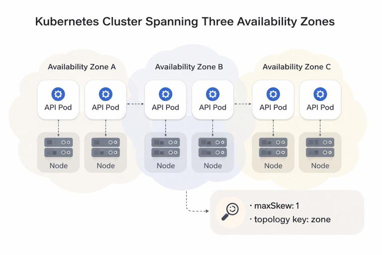 An infographic of a Kubernetes cluster spanning three availability zones, showing six identical API Pod replicas evenly distributed 2-2-2 across zones, with a small callout explaining maxSkew 1 and topology key zone. Clean flat design, simple icons for zones and nodes, clear labels, no code blocks, neutral color palette.