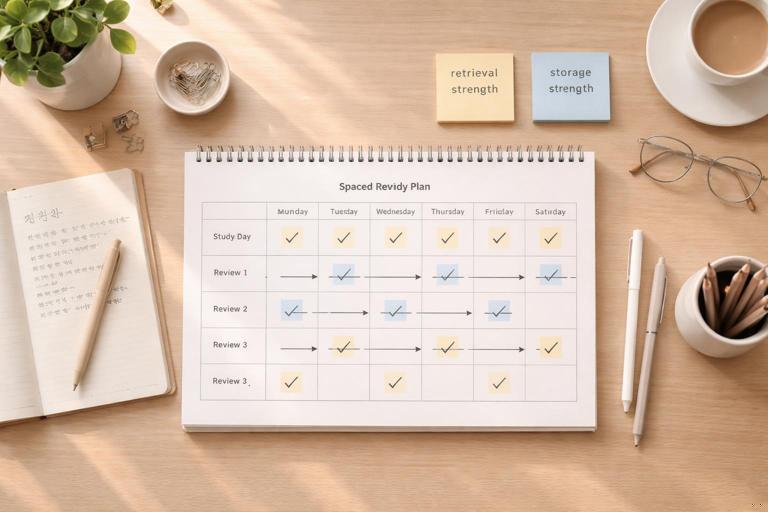 An overhead desk scene with a simple study plan calendar showing spaced review checkpoints across days and weeks, sticky notes labeled retrieval and storage strength, a Korean learning notebook, clean minimalist style, soft natural light, high-resolution, no text