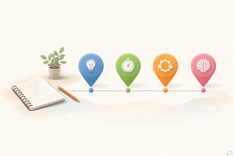 A clean infographic-like scene of four spaced checkpoints on a timeline (same day, 3–4 days, 7–10 days, 3–4 weeks), with a notebook and simple icons for recall, speed, flexibility, minimalist design, soft colors, no words or numbers visible