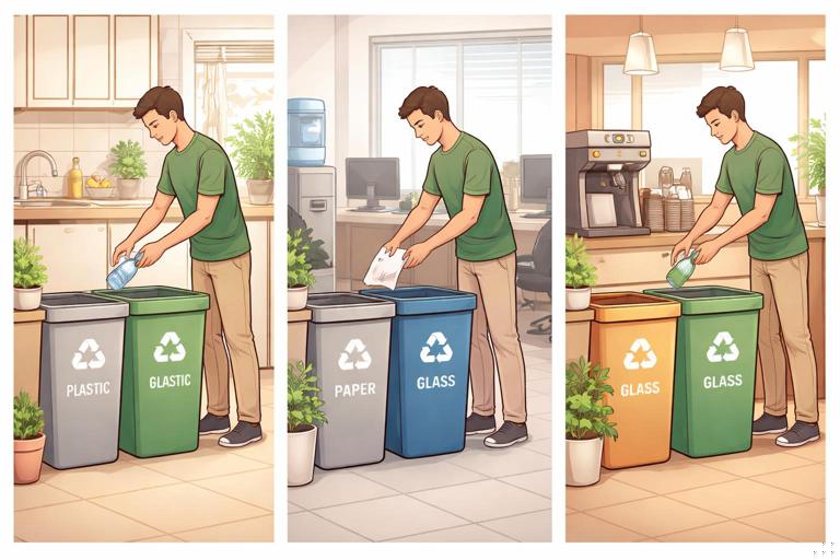 A visual of one scene repeated in three small panels: a person sorting recycling at home, at an office, and at a cafe disposal station, with consistent color palette and subtle variations, clean illustrative style, no text, high-resolution
