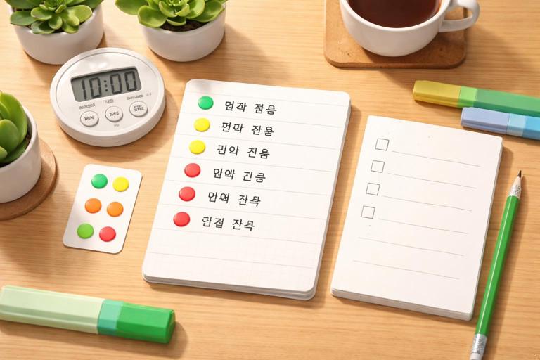 A compact 10-minute study routine layout on a desk: a timer, a small list of six Korean expressions, a green-yellow-red tagging system with colored dots, and a simple checklist, clean realistic illustration, no readable text