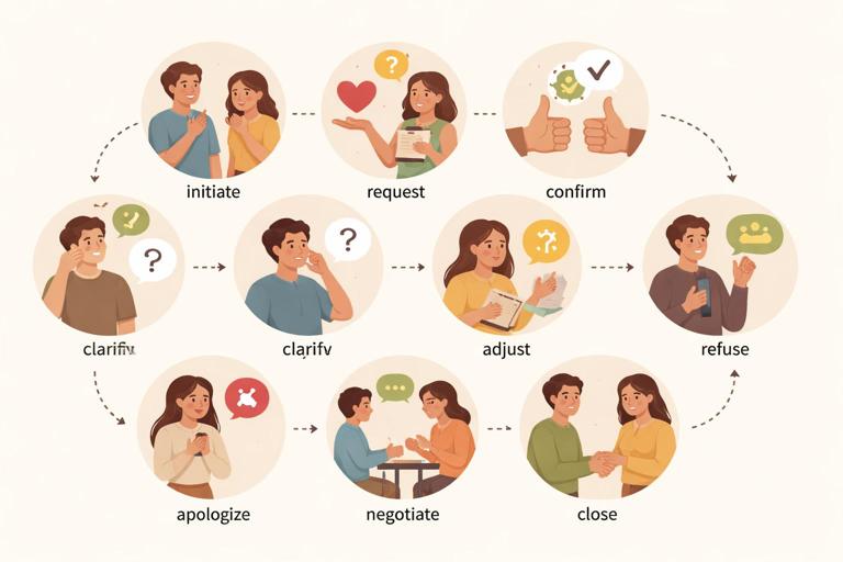 An illustrated flowchart of a conversation in everyday life using simple icons: initiate, request, ask for information, confirm, clarify, adjust, refuse, apologize, negotiate, close; modern flat style, warm neutral palette, no text