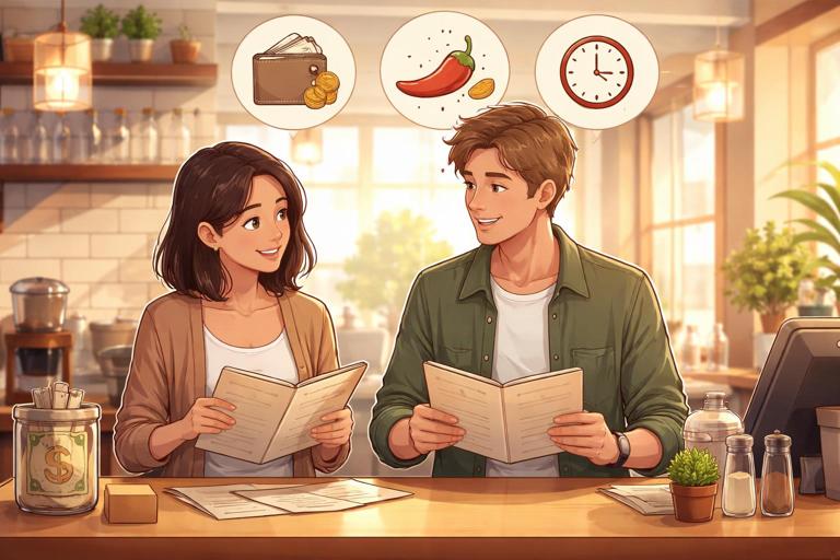 A small scene illustration of two people at a cafe counter comparing menu options with a polite conversation vibe, subtle icons for budget, spice level, and time constraints; clean semi-realistic style, warm lighting, no text