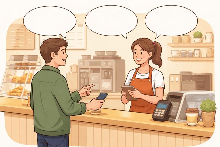 An illustration of a simple three-turn dialogue at a cafe counter: customer orders, staff confirms, customer pays; speech bubbles shown as empty shapes (no text), clean vector style, friendly realistic setting, warm tones