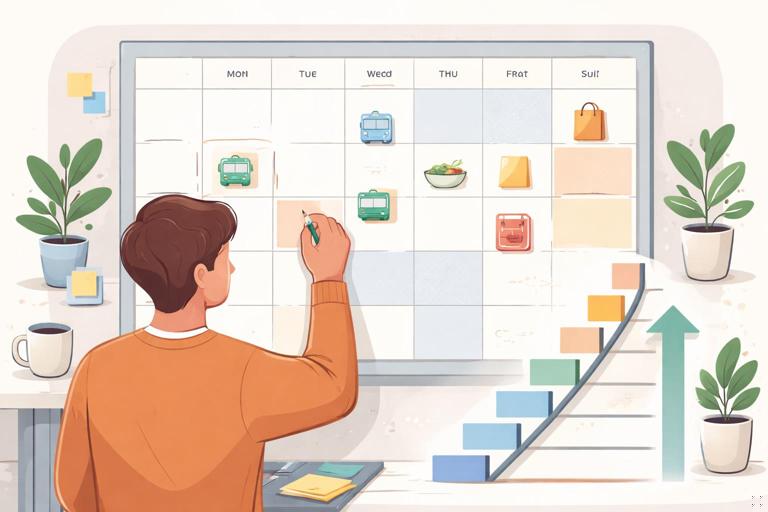 A person planning a weekly routine on a simple calendar with icons for commute, lunch, errands; overlay of a small ladder showing progression from easy to hard; clean modern illustration, soft colors, no text