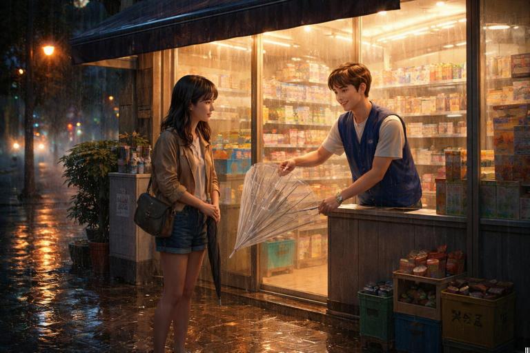 Illustration, rainy evening outside a Korean convenience store, a customer hesitating under the awning while a smiling clerk holds out a transparent umbrella, warm streetlight reflections on wet pavement, cozy slice-of-life mood, realistic digital painting, soft cinematic lighting, shallow depth of field, no text