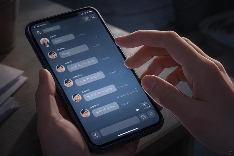 Illustration, close-up of a smartphone showing a Korean group chat with read receipts, dim room lighting, a hand hovering uncertainly above the screen, tense awkward mood, modern slice-of-life, realistic digital art, soft shadows, no readable text