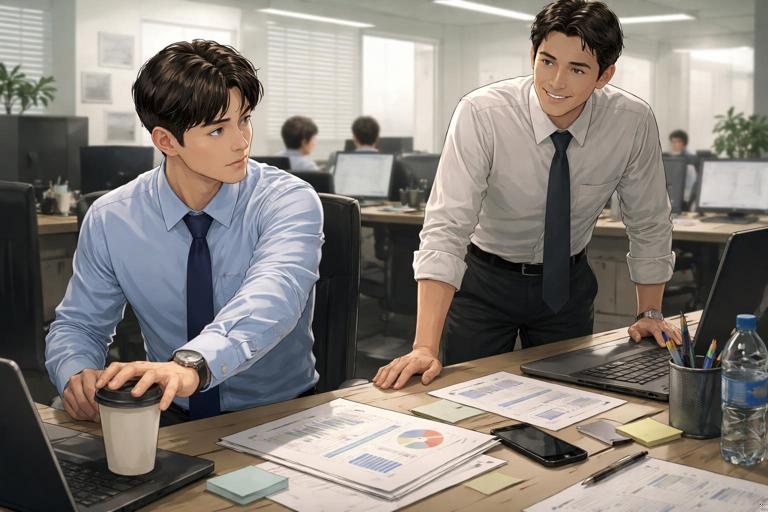 Illustration, Korean office desk after a meeting, an unlabeled coffee cup on a workstation, a junior employee pulling their hand back while a senior coworker smiles, subtle workplace tension, realistic digital painting, neutral office lighting, cinematic composition, no text