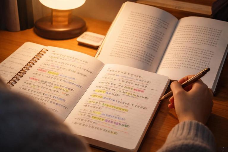 An intimate study scene: a learner reading a Korean short story with a notebook full of annotations, close-up of highlighted particles and verb endings, soft warm desk lamp, minimalistic desk with Korean text visible but not readable, cinematic depth of field, realistic style