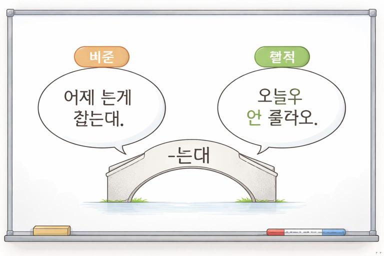 A clean educational illustration showing two Korean clauses connected with -는데 as a bridge, with labels for background and main point, speech bubbles in Korean, minimalist classroom whiteboard style, soft colors, high clarity, no legible English text