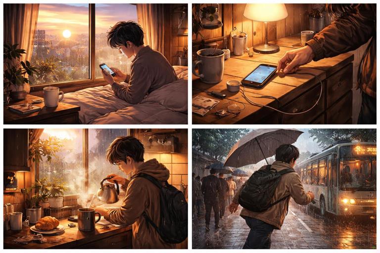 A cozy morning storytelling scene in Korea: a person checking a phone at sunrise, finding a charger, making coffee, rushing to catch a bus in light rain, cinematic slice-of-life style, warm indoor light contrasting cool outdoor rain, high detail, no readable text