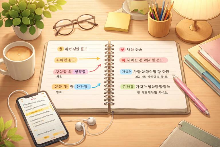 Illustration for a Korean language learning chapter on storytelling flow: a clean, modern study desk with an open notebook showing Korean discourse markers and arrows linking sentences, a smartphone with highlighted text like a karaoke/Spotify-style progress bar, warm indoor lighting, minimal clutter, educational and friendly tone, flat-lay composition, high detail, soft colors, no readable small text