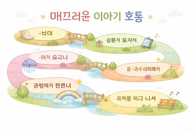 Illustration of smooth narrative rhythm in Korean: a flowing ribbon or path connecting Korean sentence fragments with connector endings like -는데, -다가, -더니, -자마자, -면서, -고 나서, visual metaphor of bridges between clauses, clean educational infographic style, soft pastel palette, minimal text, high resolution, no quotes