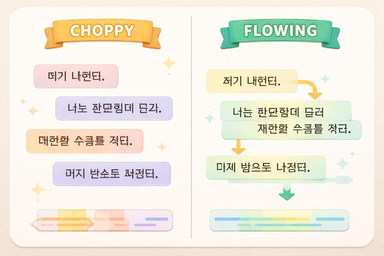 Side-by-side comparison illustration: left panel shows fragmented text blocks labeled choppy, right panel shows smoothly connected text with arrows and connectors labeled flowing, Korean mini-fiction theme, clean infographic layout, neutral background, subtle highlights like audio-sync karaoke style, high clarity, no quotation marks