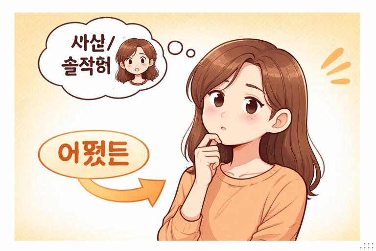 Illustration for Korean mini-fiction template D: a character thinking with a small inner voice bubble labeled 사실/솔직히, then an arrow returning to the main storyline labeled 어쨌든, simple comic panel style, warm colors, minimal text, educational infographic feel, no quotation marks