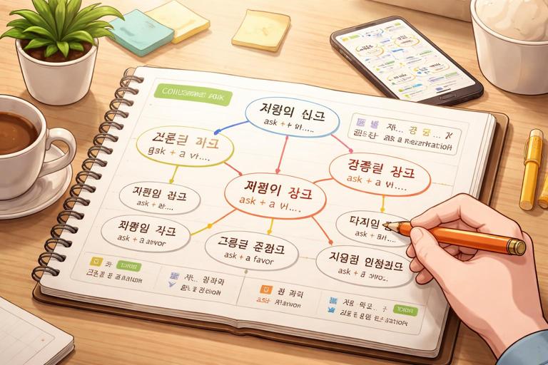 Illustration of a language learner building a collocation bank: a notebook or app with template phrases connected by lines (word families, particles), Korean examples like 시간이 나다, 예약을 잡다, and mini-templates. Clean educational style, warm lighting, minimal modern desk setup.