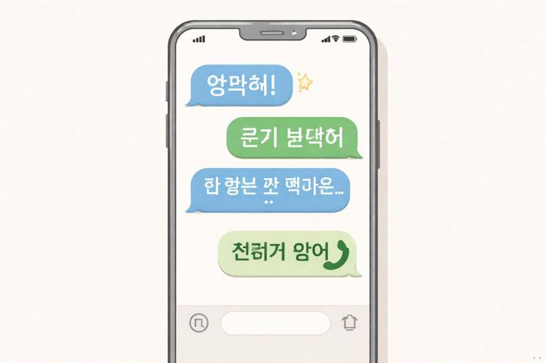 Illustration of everyday communication in Korean: a smartphone showing simple chat bubbles with phrases like 연락해, 문자 보냈어, 답장을 못 했어요, 전화가 왔어; minimal modern flat design, clear readable Korean text, soft neutral background.