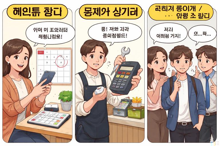 Illustration of three mini-story panels showing Korean collocations in action: scheduling (calendar + phone), problem/repair (payment terminal + wrench), social pressure (office group + person hesitating). Each panel labeled with key phrases like 예약을 잡다, 문제가 생기다, 눈치가 보이다, 어쩔 수 없다. Comic-strip educational style, clean and readable.