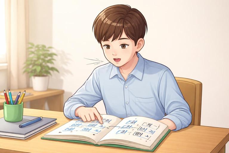 Illustration for a Korean reading-aloud lesson: a learner at a desk with an open Korean text, small phonetic linkage arrows between syllable blocks, subtle sound-wave lines near the mouth, clean educational style, warm light, minimal background, high clarity, no readable text.