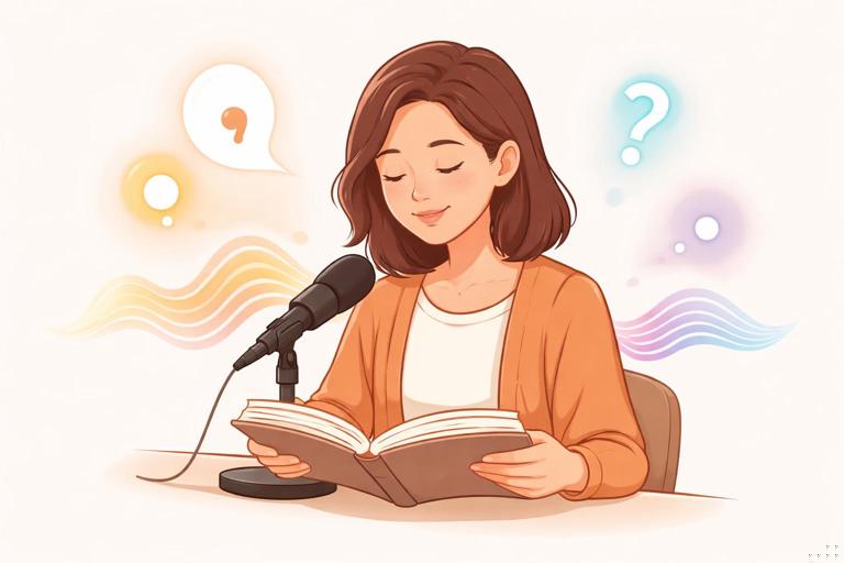 Narration and punctuation illustration: a narrator reading from a book with visible punctuation marks as icons (comma, period, question mark) floating as symbols, gentle sound-wave arcs showing pauses and pitch, clean vector style, warm and calm, no readable text.