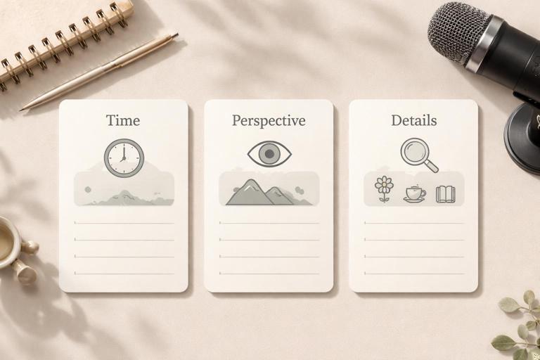 A flat-lay of three prompt-only practice cards labeled by layout (not text), with icons for time, perspective, and details, alongside a notebook and microphone, minimalist design, soft shadows, neutral background, no readable text