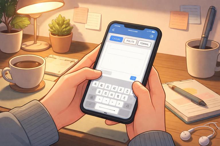 Illustration of a person composing a short Korean message on a smartphone, with subtle UI elements showing different politeness levels (casual, polite, formal) as small labeled tabs; cozy desk setting, warm lighting, modern flat illustration style, no readable text.