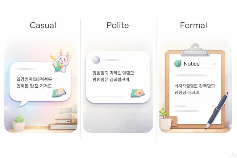 A split-screen illustration showing the same short message displayed in three styles (casual, polite, formal) with different visual tone cues (friendly chat bubble, neutral DM card, formal memo card); Korean-learning theme, clean minimal design, no readable text.