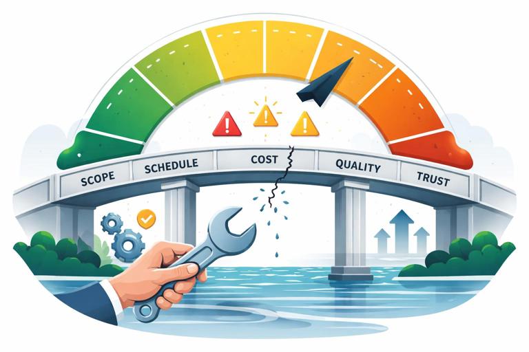 Illustration of a project dashboard shifting from green to amber, with a small crack forming in a bridge labeled scope, schedule, cost, quality, trust; early warning icons and a wrench symbol showing intervention prevents collapse; clean modern flat design, professional business style, high contrast, no text