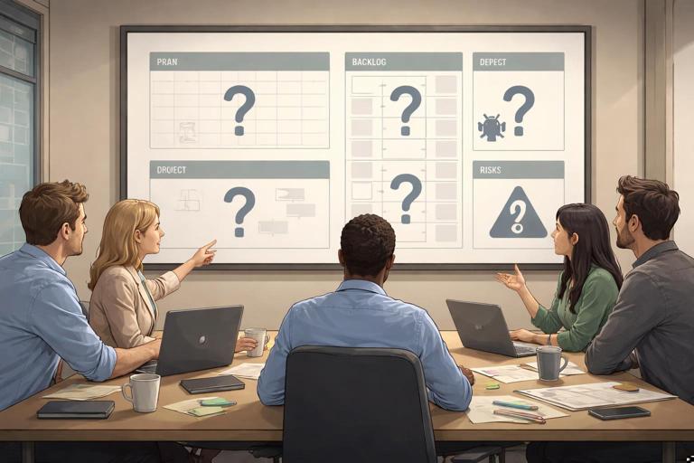 Scene of a project team in a meeting room looking at empty dashboards and missing charts on a wall screen, with question marks over artifacts like plan, backlog, defects, risks; muted corporate colors, realistic illustration, no text