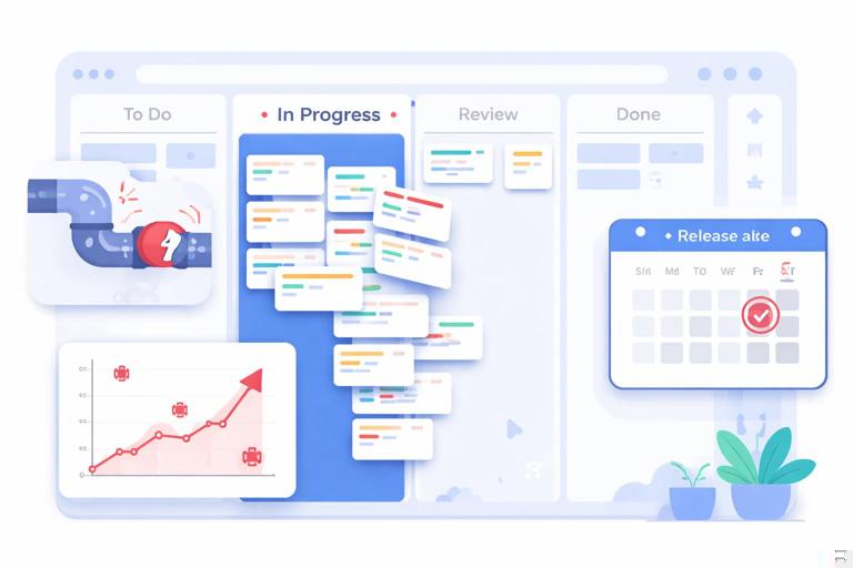Software delivery board with many cards stuck in in-progress column, a broken integration pipeline icon, a defect chart trending up, and a calendar showing an unchanged release date; modern SaaS dashboard aesthetic, clean flat illustration, no text