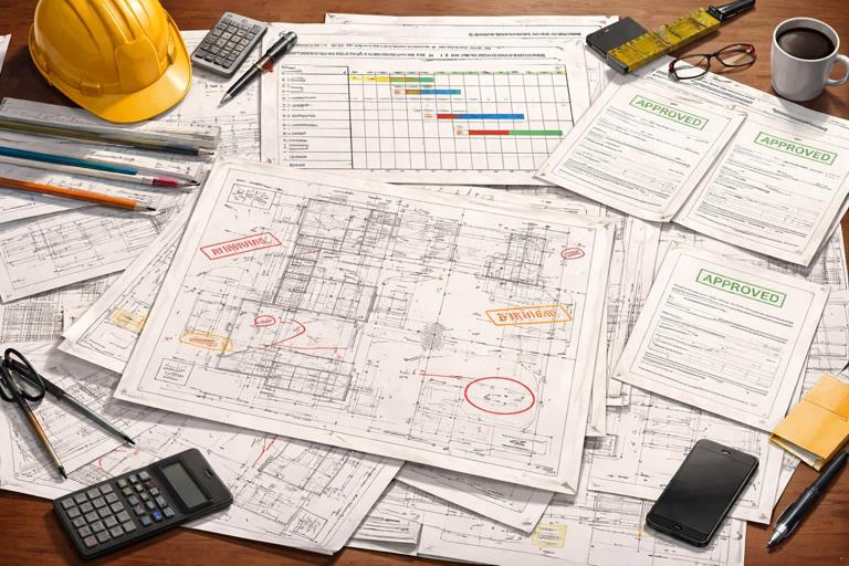 Construction project planning scene with blueprints marked with revision stamps, procurement timeline with missing dates, subcontractor schedules misaligned, and change request forms approved without impact notes; realistic illustration, professional style, no text