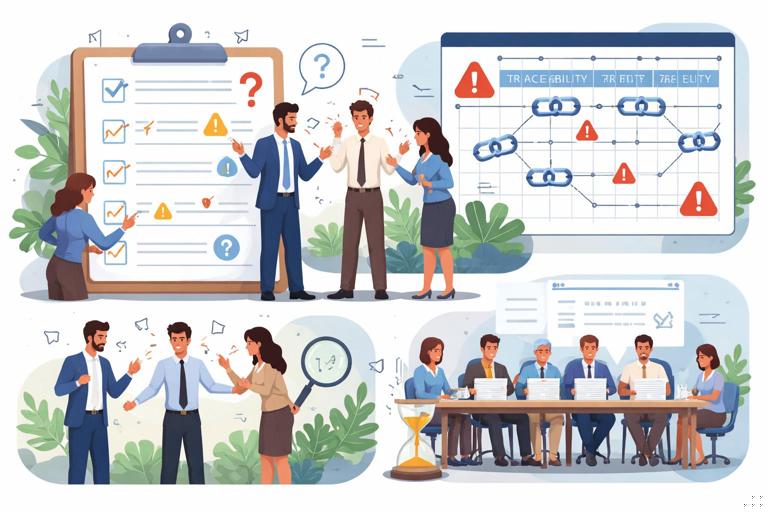 Compliance project scene showing a checklist with ambiguous items, stakeholders arguing over definitions, a traceability matrix with broken links, and a slow committee approval workflow; clean corporate illustration, no text