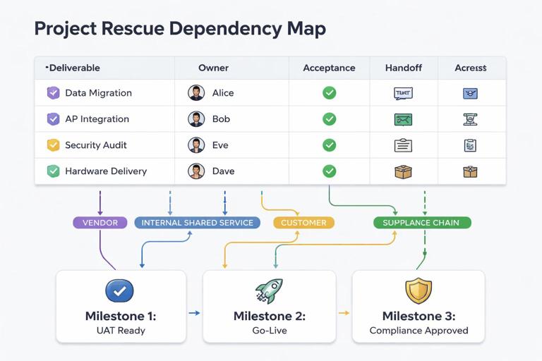 Illustration of a project rescue dependency map: a clean table-to-diagram hybrid showing deliverables flowing into milestones, with inbound dependencies labeled (vendor, internal shared service, customer, regulatory, supply chain). Include owners, acceptance criteria checkmarks, and handoff artifacts icons (ticket, repository, shipment, signed doc). Professional, minimal, high-contrast, no brand logos.