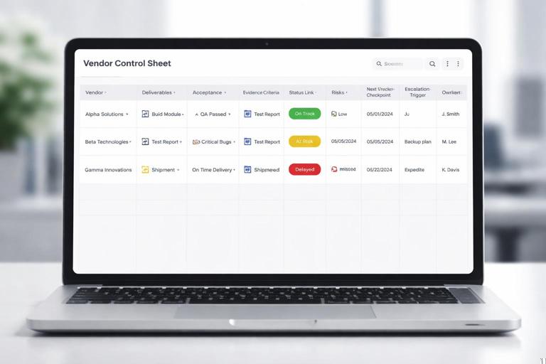 A clean, modern vendor control sheet dashboard on a laptop screen: columns for vendor, deliverables, acceptance criteria, evidence link, status, risks, next checkpoint, escalation trigger, fallback, owner. Show a few rows with colored status indicators and small icons for artifacts (build, test report, shipment). Neutral corporate style, no real company names.