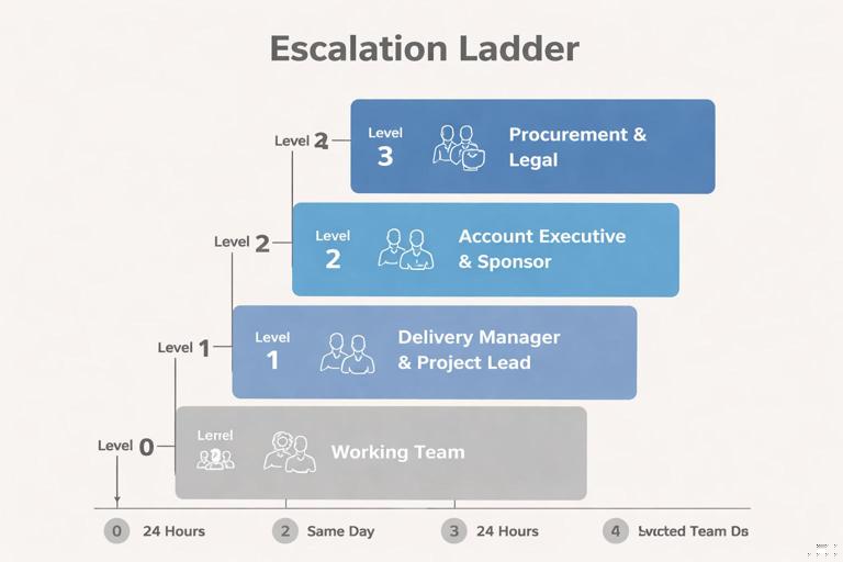 A simple escalation ladder diagram with four levels (0 to 3), showing time bounds (24 hours, same day, 48 hours, contractual remedies) and roles (working team, delivery manager and project lead, account executive and sponsor, procurement and legal). Clean infographic style, neutral colors, no logos.