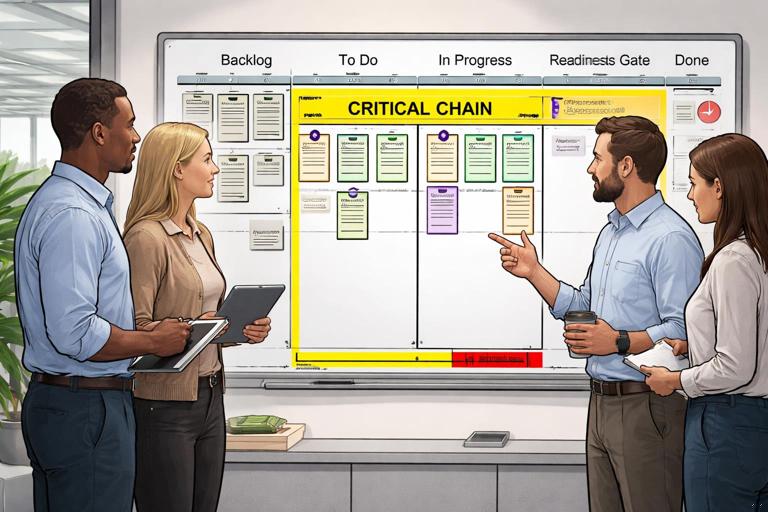 A small team standing around a kanban board with a highlighted critical chain lane, daily 10-minute check-in. Visual elements: readiness gate checklist cards, vendor checkpoint cards, buffer indicators. Calm, professional office setting, neutral attire, no logos, documentary illustration style.