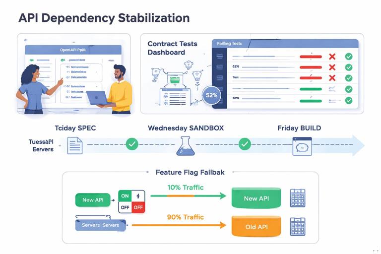 Illustration of a software API dependency stabilization scene: engineers reviewing an OpenAPI spec, contract test dashboard with failing tests, a checkpoint timeline (Tuesday spec, Wednesday sandbox, Friday build), and a feature flag fallback diagram routing some traffic to old API. Clean technical infographic style, no real brand names.