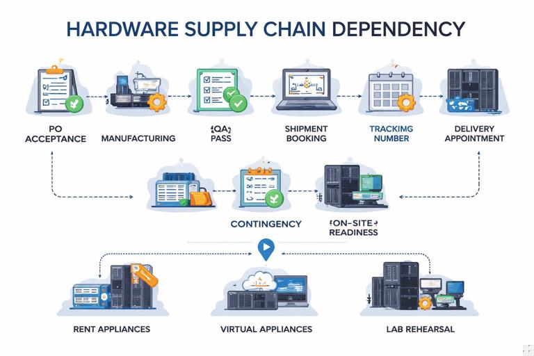 Infographic of a hardware supply chain dependency broken into stages: PO acceptance, manufacturing, QA pass, shipment booking, tracking number, customs, delivery appointment, on-site readiness. Include evidence icons (certificate, tracking, serial numbers) and a contingency branch (rent appliances, virtual appliances, lab rehearsal). Clean professional style, no logos.