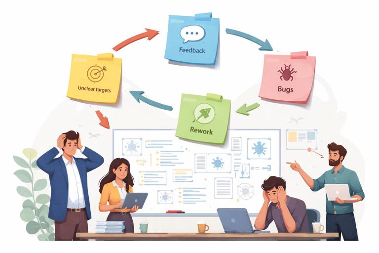 Illustration of a troubled software project causing rework: a circular loop of sticky notes labeled vague goals, late feedback, defects, and churn, with frustrated stakeholders and developers at a whiteboard; clean modern flat style, muted colors, high clarity, no text.