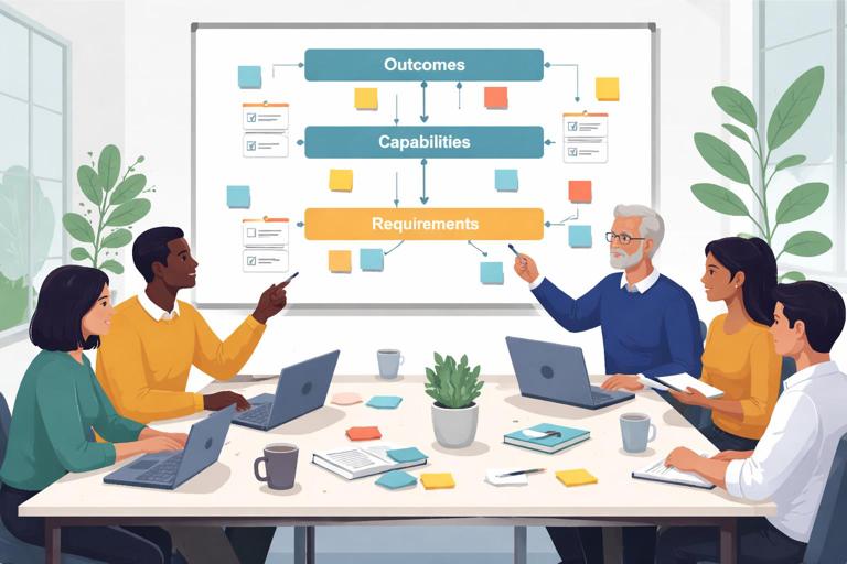 Facilitated requirements recovery workshop scene: diverse team around a table with a whiteboard showing three layers (Outcomes, Capabilities, Requirements) connected by lines, sticky notes, and checklists; modern office, calm focused mood, clean flat-vector style, no text.