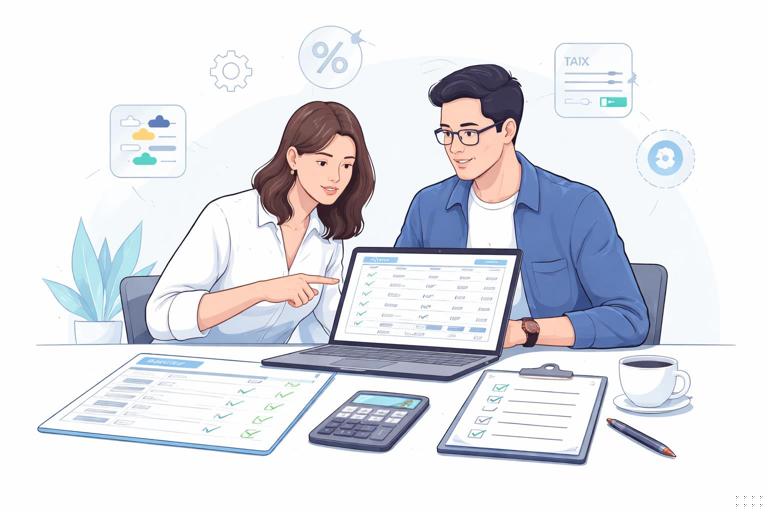 Illustration of a billing requirements recovery: analyst and engineer reviewing invoice line items on a laptop with a scenario table, calculator, and checklist for proration, tax, discounts; professional fintech mood, clean vector style, no text.