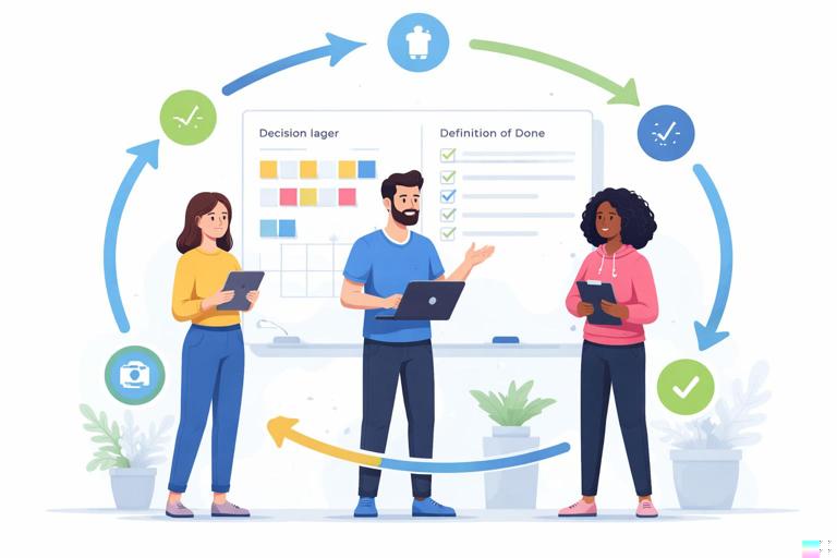 Daily execution loop illustration: a small daily standup with product, developer, and QA, a visible decision log and Definition of Done checklist on a board, arrows showing fast feedback loop; clean modern flat design, no text.