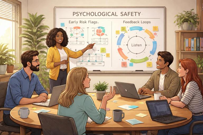 Illustration of a software team in a calm meeting room with a visible psychological safety theme: diverse teammates sharing ideas openly, a whiteboard showing early risk flags and feedback loops, warm professional lighting, modern office, semi-realistic editorial style.