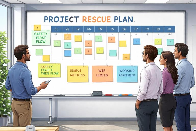 A project rescue wall plan in a modern office: a 10-day timeline on a whiteboard with sticky notes labeled safety first then flow, simple metrics, WIP limits, and working agreement; calm, organized atmosphere; semi-realistic professional illustration.