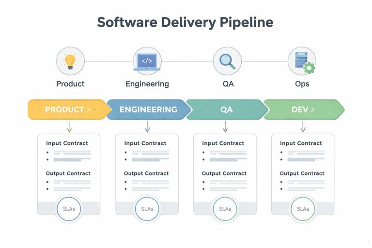 Diagram-style illustration of a software delivery pipeline with handoff points highlighted: product to engineering, engineering to QA, dev to ops; clear input/output contracts and SLAs shown on cards; clean minimalist corporate infographic style.